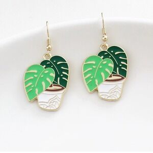 Monstera Leaf Dangle Earrings Tropical Plant Gold Boho Botanical Drop Jewelry